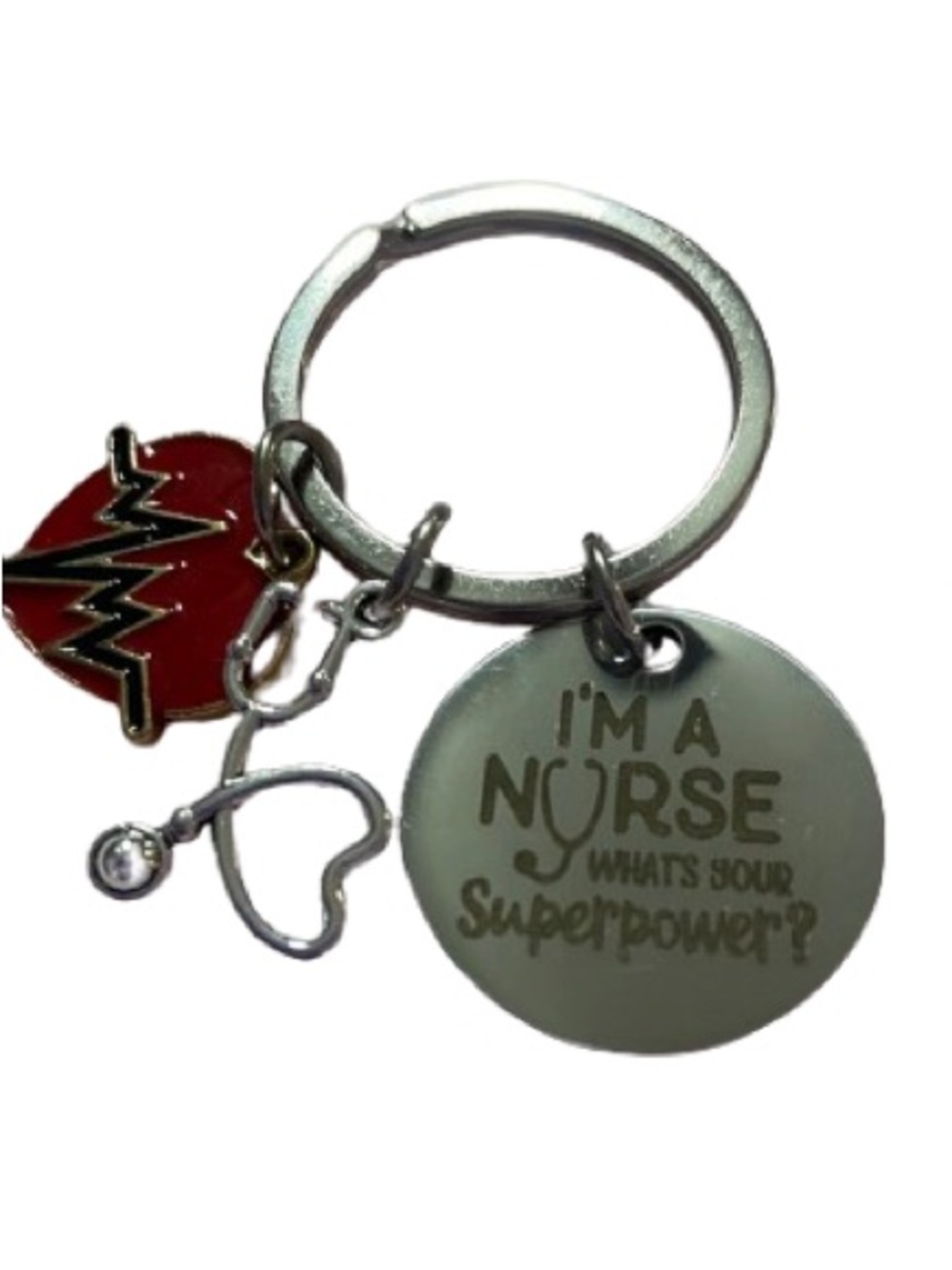 Keychain with Nurse Red Heart and Stethoscope Charms-silver tone